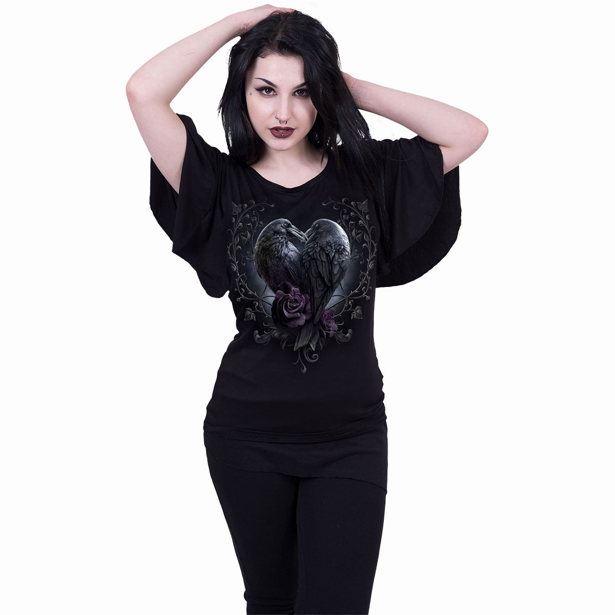RAVEN HEART - Top con scollo a barca e maniche a pipistrello nero