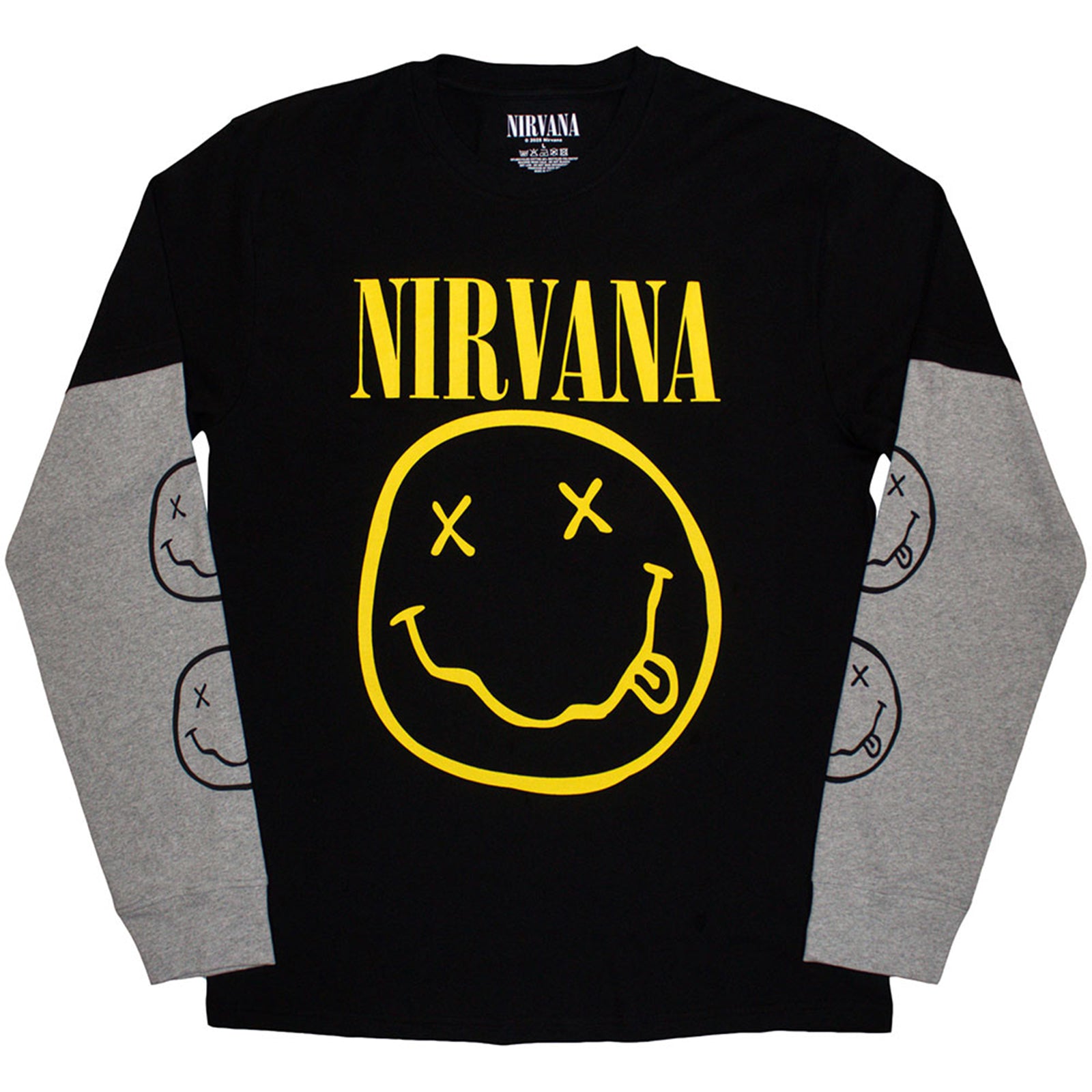 NIRVANA - YELLOW HAPPY FACE - Layered Long Sleeve T-Shirt Black, Grey
