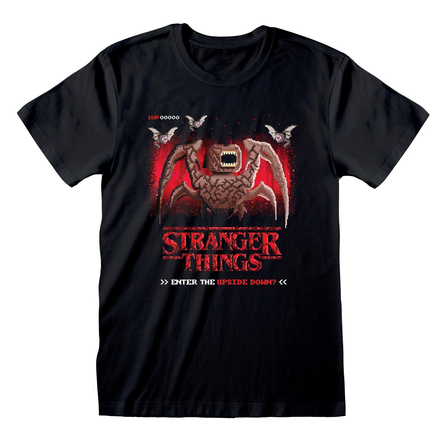 STRANGER THINGS - 8 BIT UPSIDE DOWN - Front Print T-Shirt Black