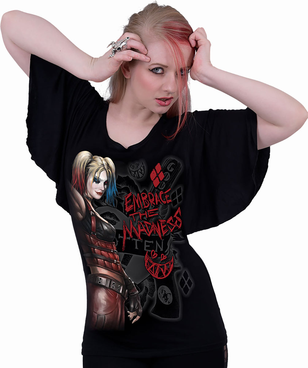 HARLEY QUINN - EMBRACE MADNESS - Top Cuello Barco Manga Murciélago Negro