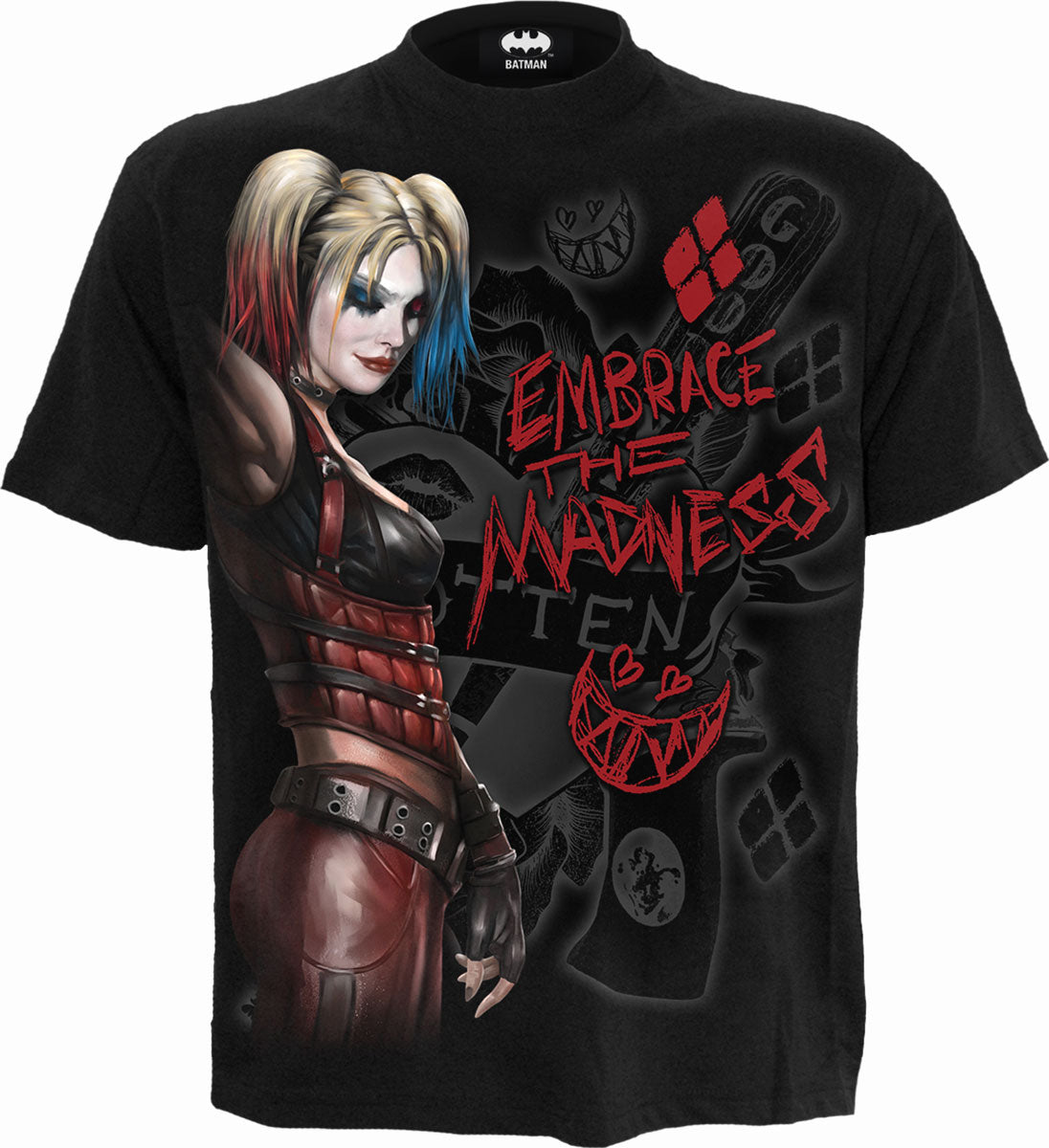 HARLEY QUINN EMBRACE MADNESS Front Print T-Shirt Black