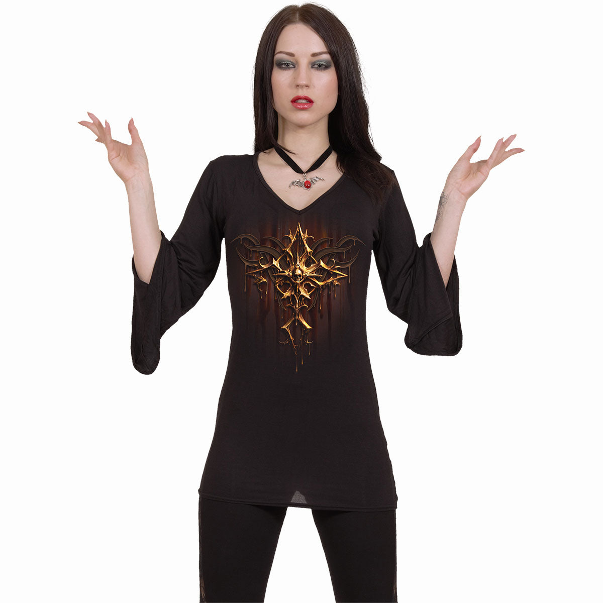 DRIPPING GOLD - Top con scollo a V e maniche goth nero