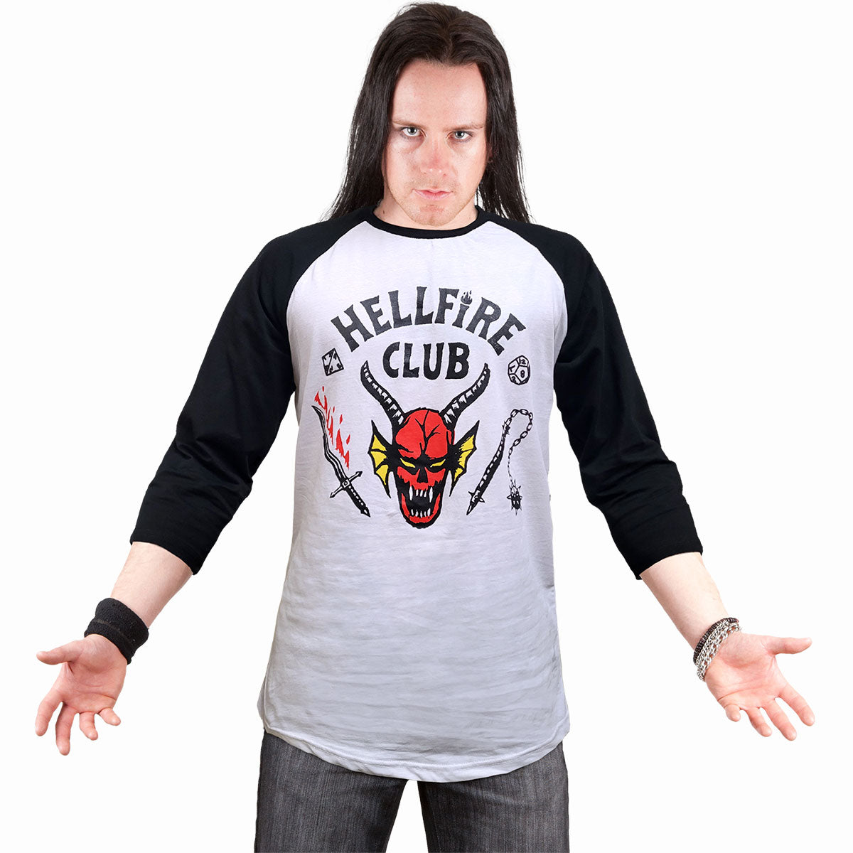 STRANGER THINGS 4 - HELLFIRE CLUB CREST - Raglan Contraste 3/4 Manga Larga Negro y Blanco
