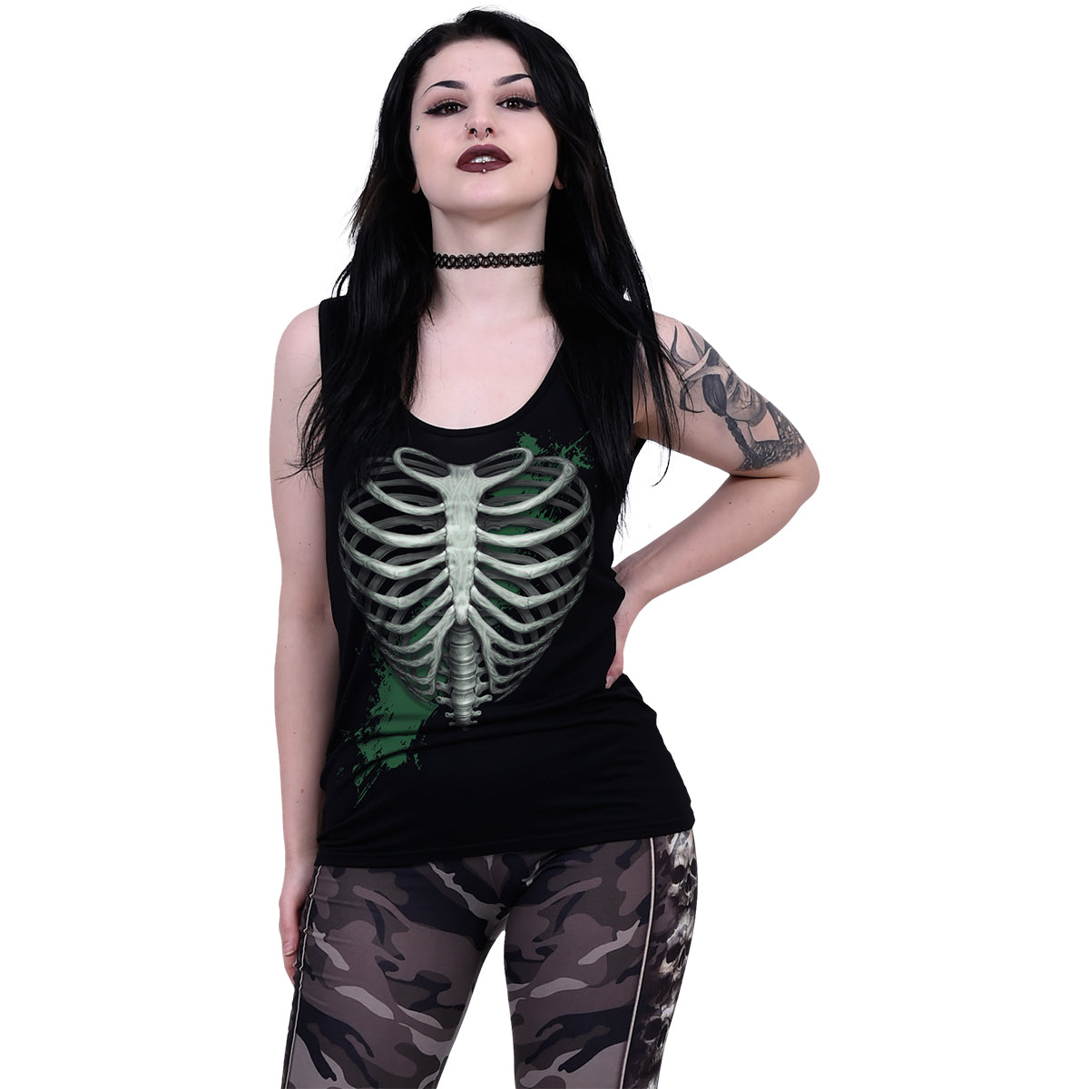 HEART RIBS - GLOW IN THE DARK - Razor Back Top Negro