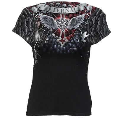 LIFE AND DEATH CROSS - Allover Cap Sleeve Top Black - Spiral USA