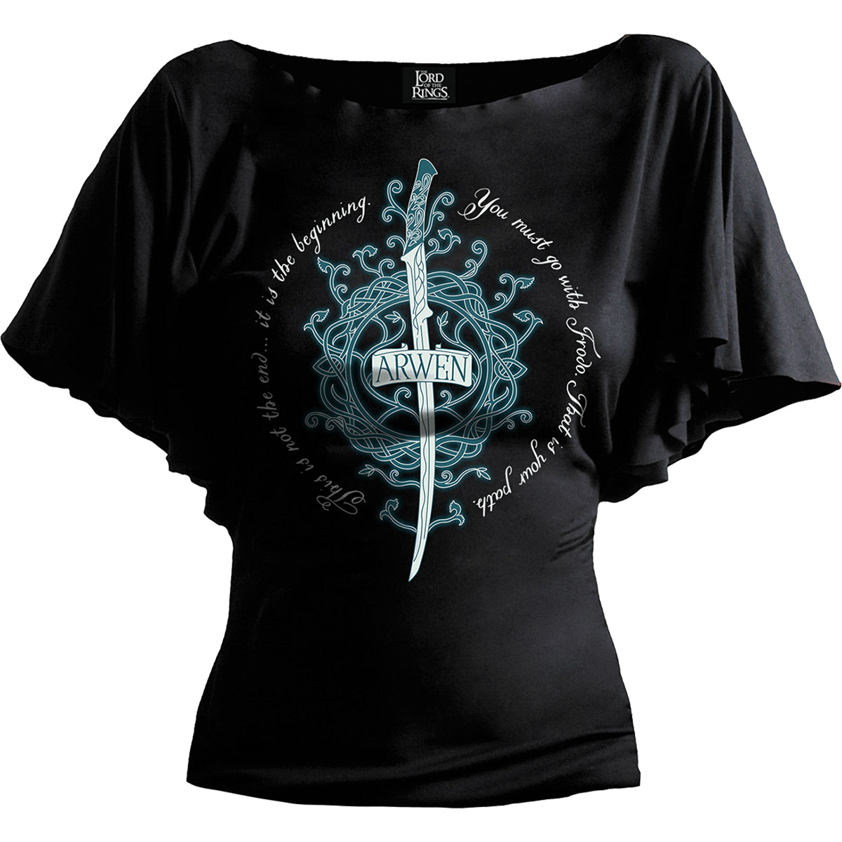 LOTR - ARWEN - Top nero con scollo a barchetta e maniche a pipistrello