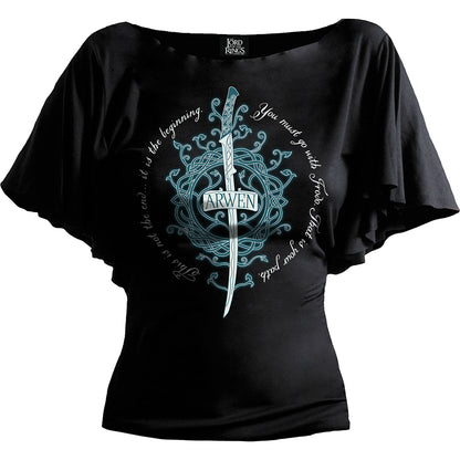 LOTR - ARWEN - Top nero con scollo a barchetta e maniche a pipistrello