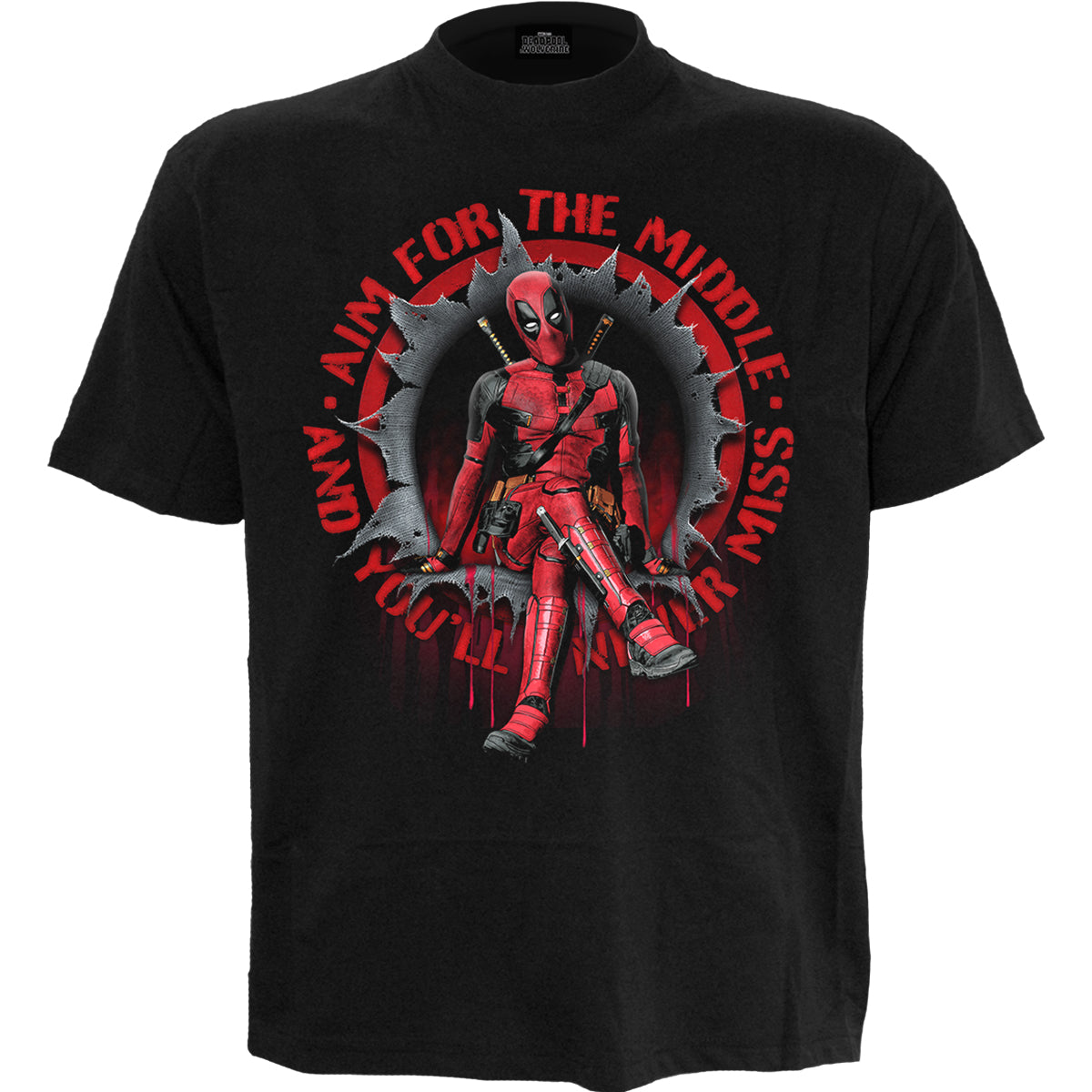 DEADPOOL AIM FOR THE MIDDLE Front Print T Shirt Black