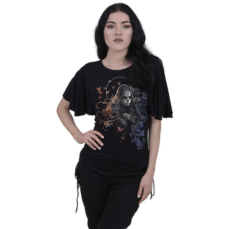 GOTHIC GRACE - Top Cuello Barco Manga Murciélago Negro