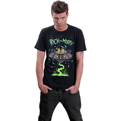 RICK AND MORTY - SPACE CRUISER   - Front Print T-Shirt Black