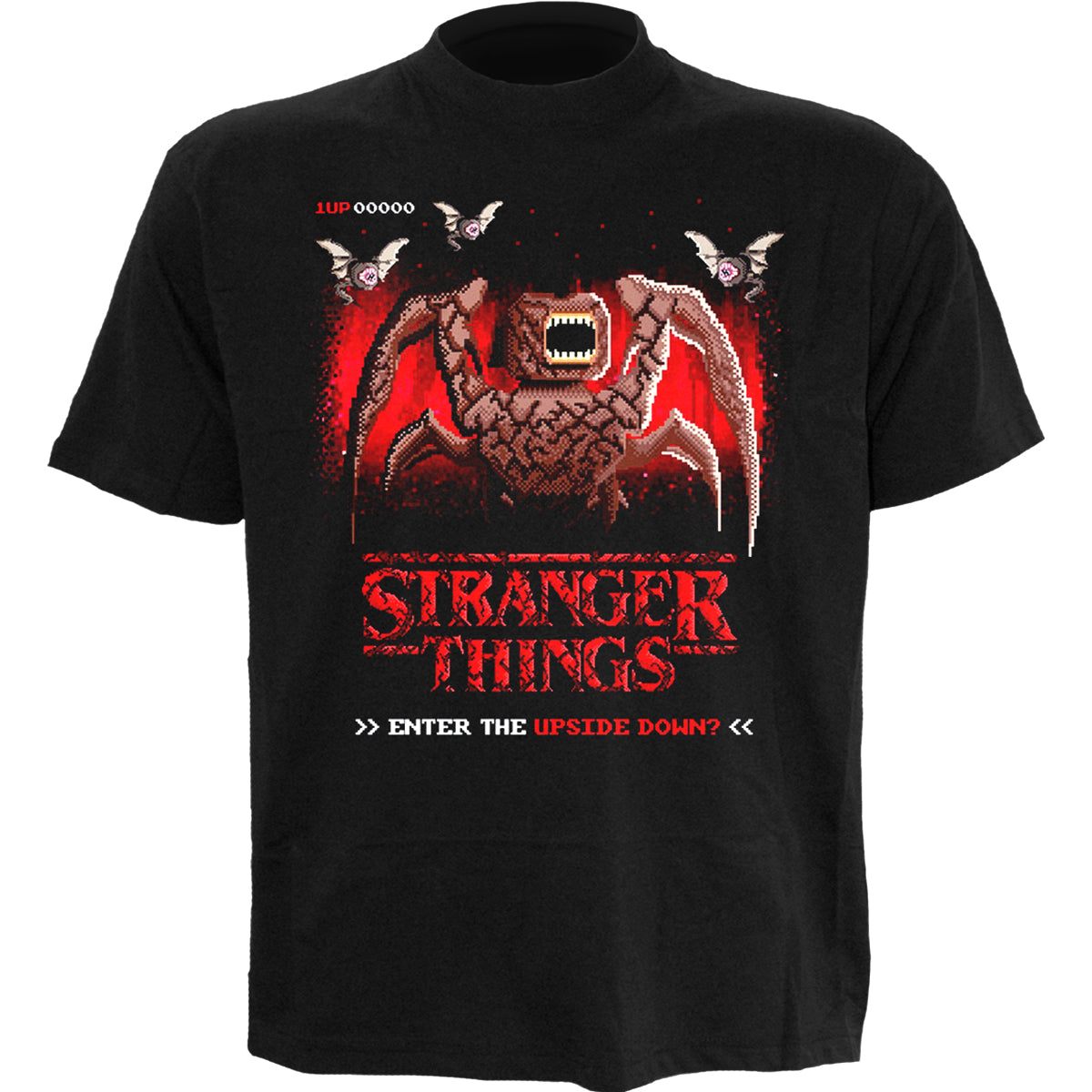 STRANGER THINGS - 8 BIT UPSIDE DOWN - T-shirt imprimé sur le devant noir