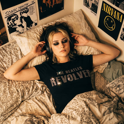 THE BEATLES - REVOLVER CRYSTALS - Ladies T-Shirt Black (Embellished)