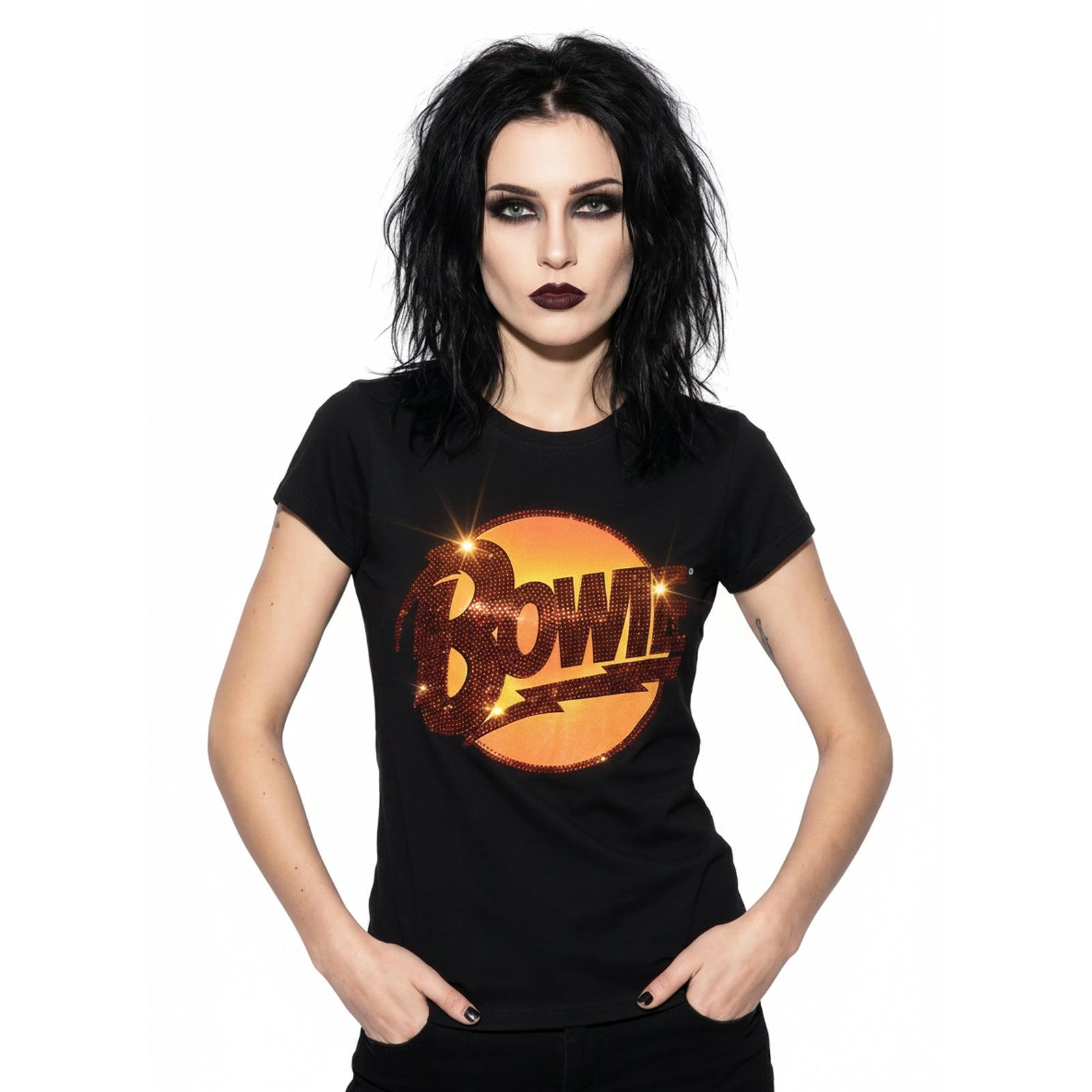 DAVID BOWIE - DIAMOND DOGS LOGO - Ladies T-Shirt Black (Embellished)