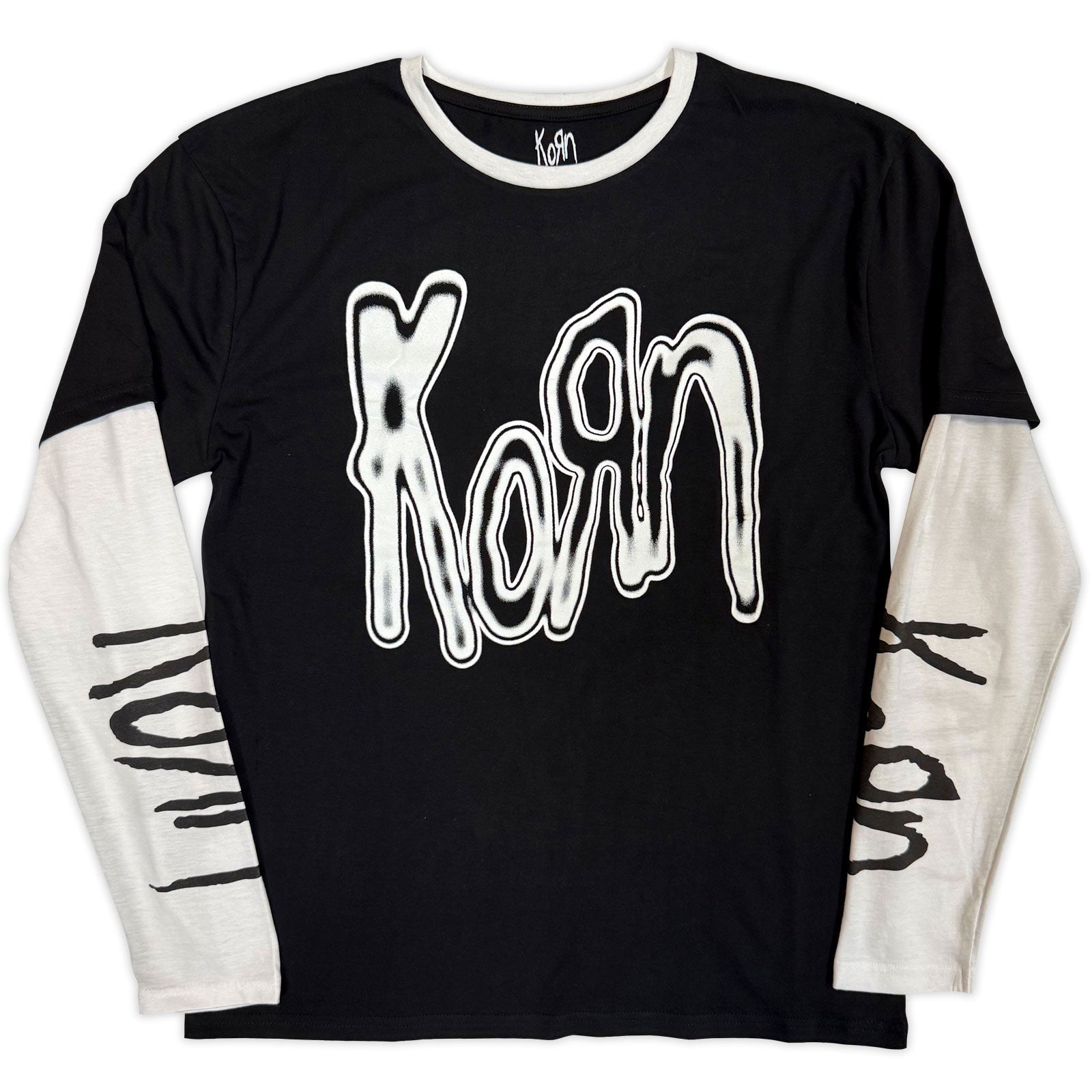 KORN - METALLIC LOGO - Layered Long Sleeve T-Shirt Black, White (Sleeve Print)