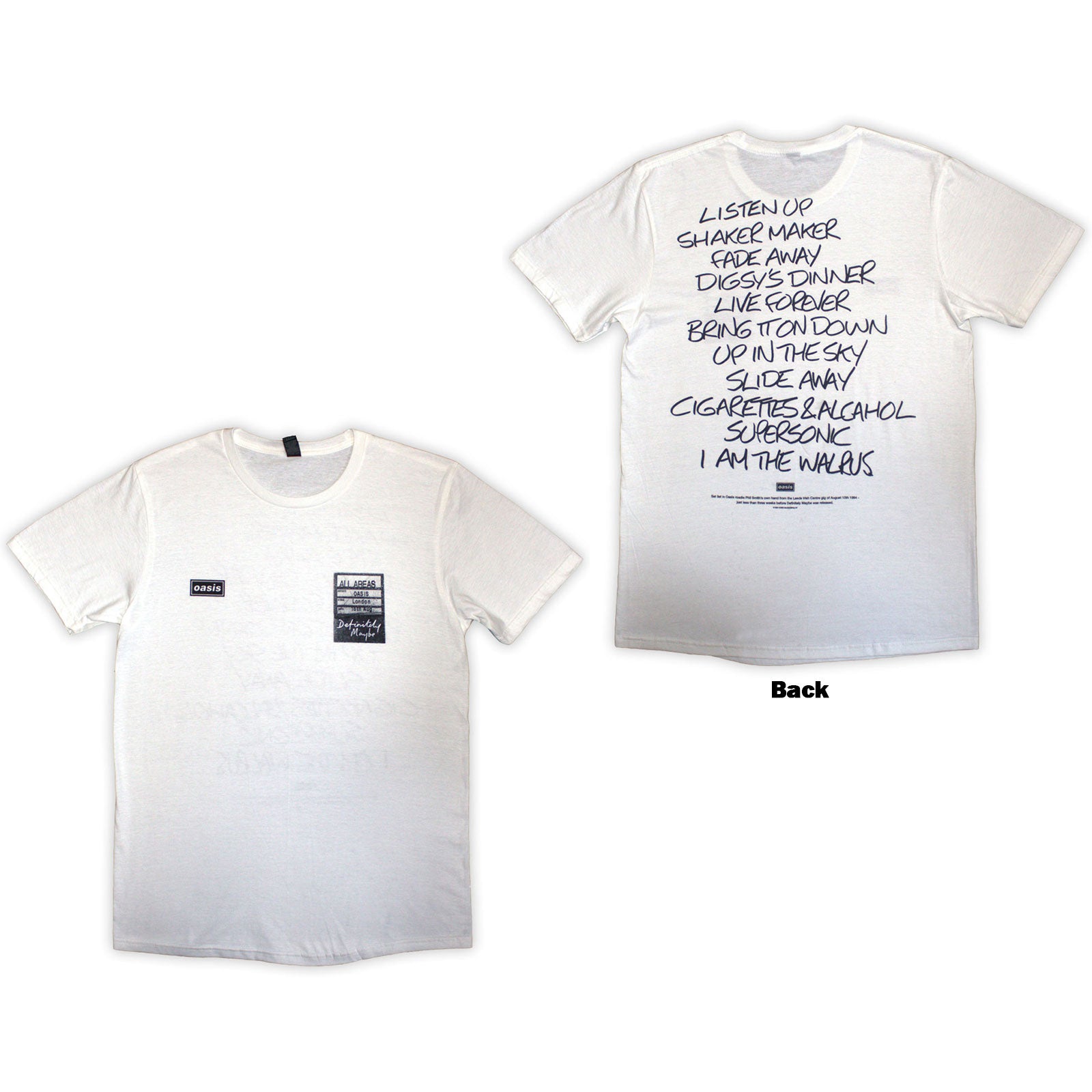 OASIS - DEFINITELY MAYBE AAA SETLIST - T-Shirt White (Back Print)