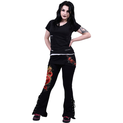 Women 2 In 1 Boot Cut Leggings Pants with Micro Slant Skirt Gothic