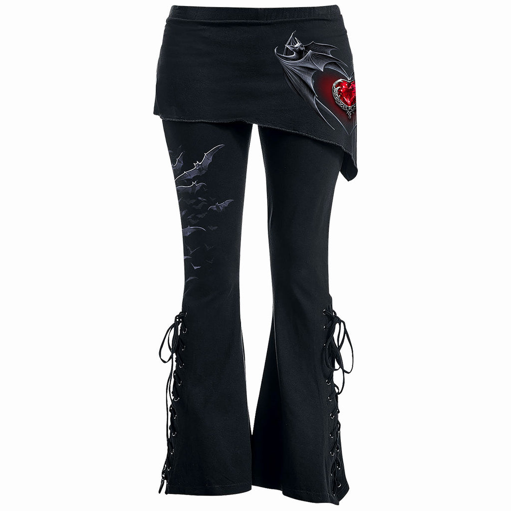 Women 2 In 1 Boot Cut Leggings Pants with Micro Slant Skirt Gothic