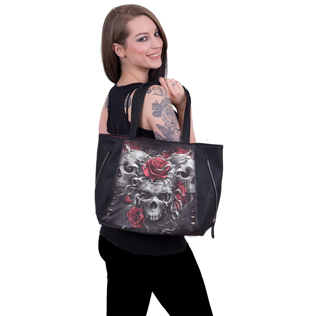 SKULLS N' ROSES - Tote Bag - Top quality PU Leather Studded - Spiral USA