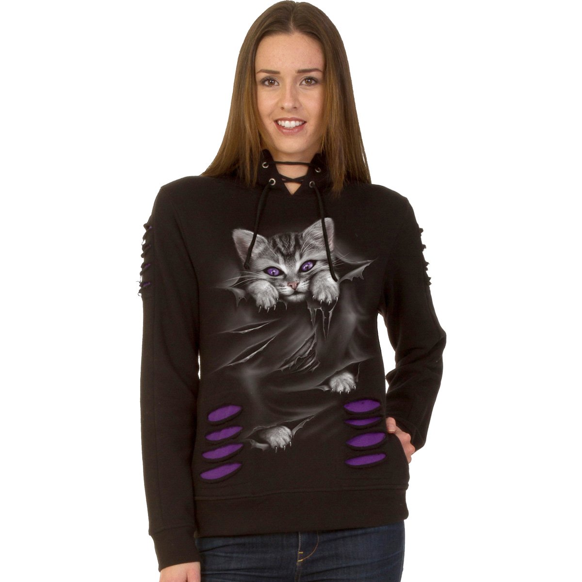 Spiral Felpa Con Cappuccio Rippata Donna Purple-Black - Stile Gotico Vichingo, Cotone Morbido