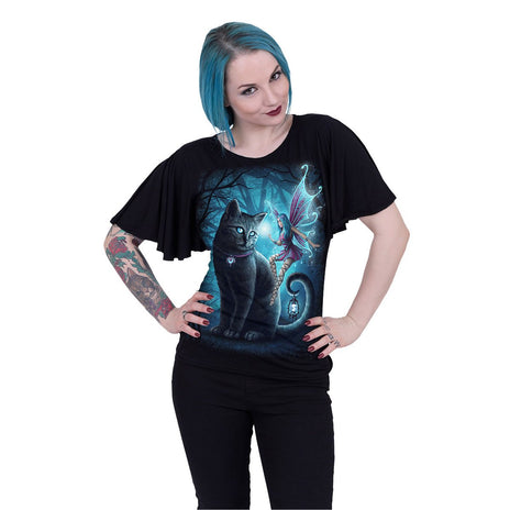 CAT AND FAIRY - Top à col bateau et manches chauve-souris noir