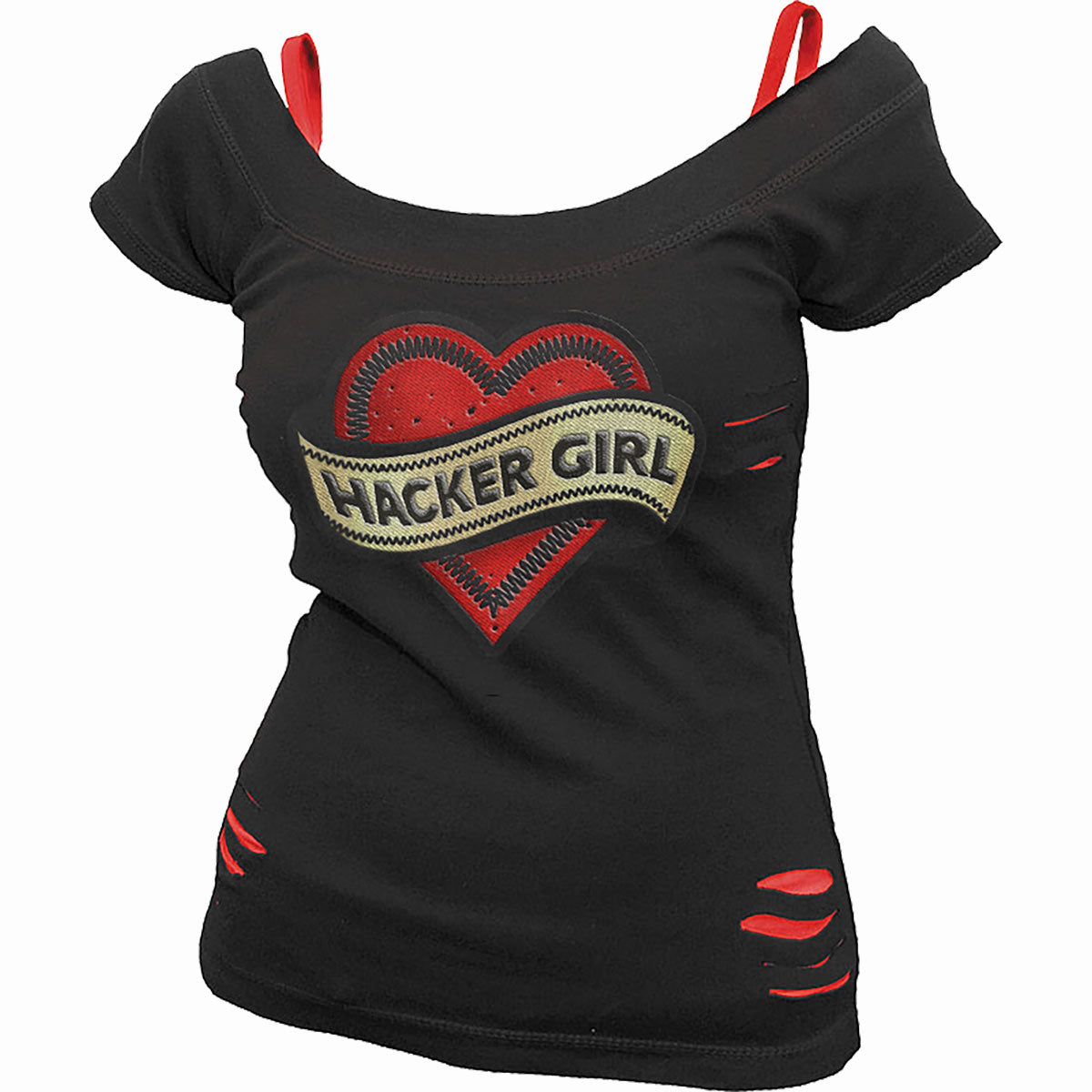 HACKER GIRL PATCH - 2in1 Red Ripped Top Black