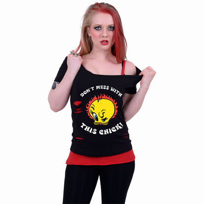 TWEETY - TOUGH CHICK - 2in1 Red Ripped Top Black