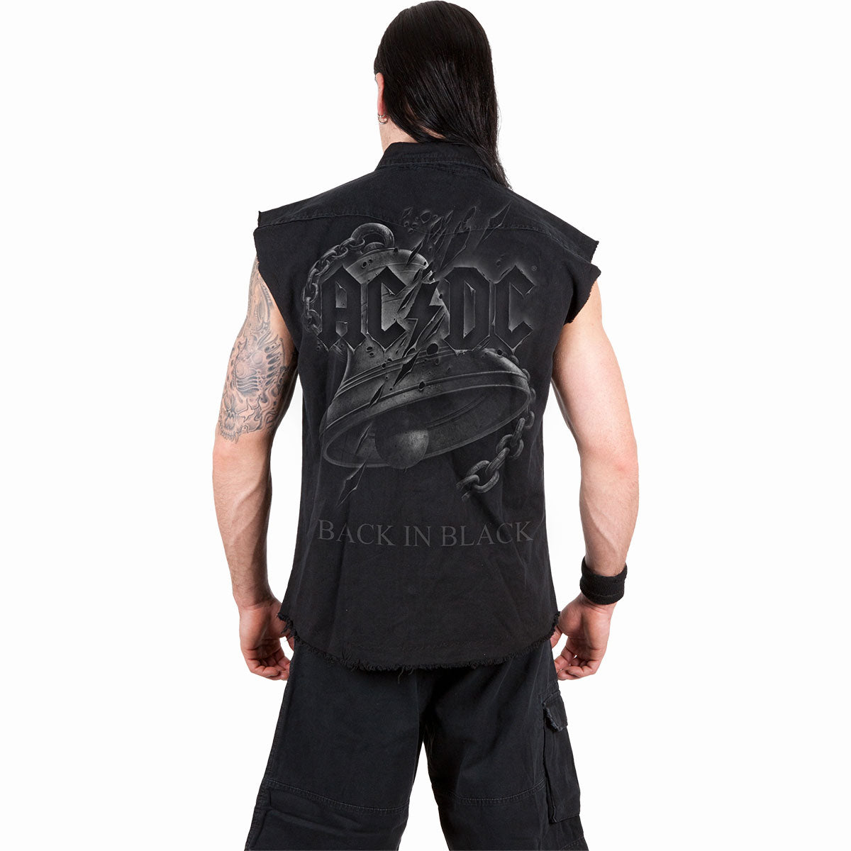 AC/DC - BACK IN BLACK TORN - Sleeveless Stone Washed Worker Black