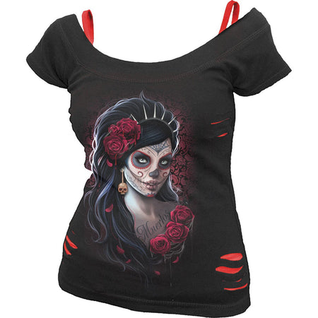 DAY DEAD 2in1 Red Ripped Top