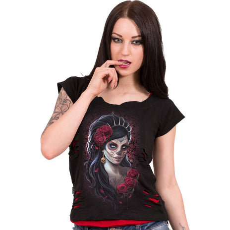 DAY OF THE DEAD - 2in1 Rosso Top strappato Nero