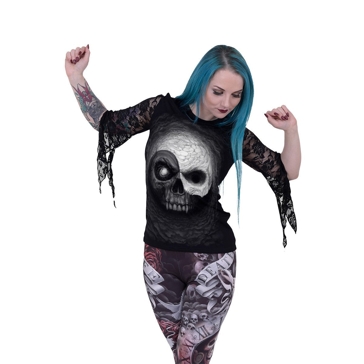 YIN YANG SKULLS - Rose Lace Sleeve Top - Spiral USA