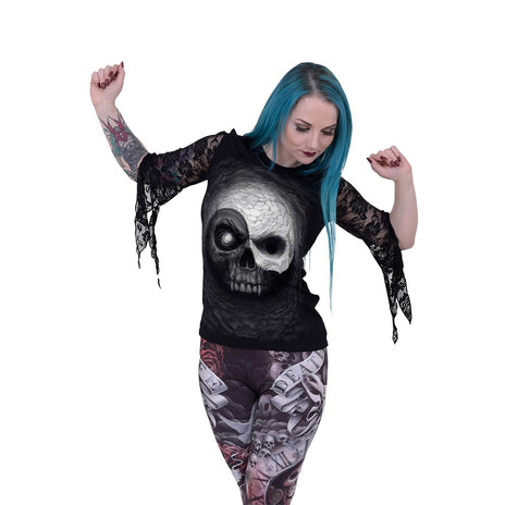 YIN YANG SKULLS - Top con maniche in pizzo rosa