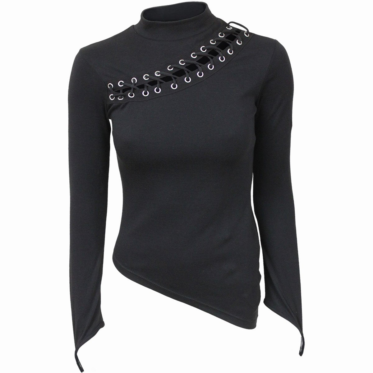 GOTHIC ROCK - Slant Lace Up Longsleeve Top - Spiral USA