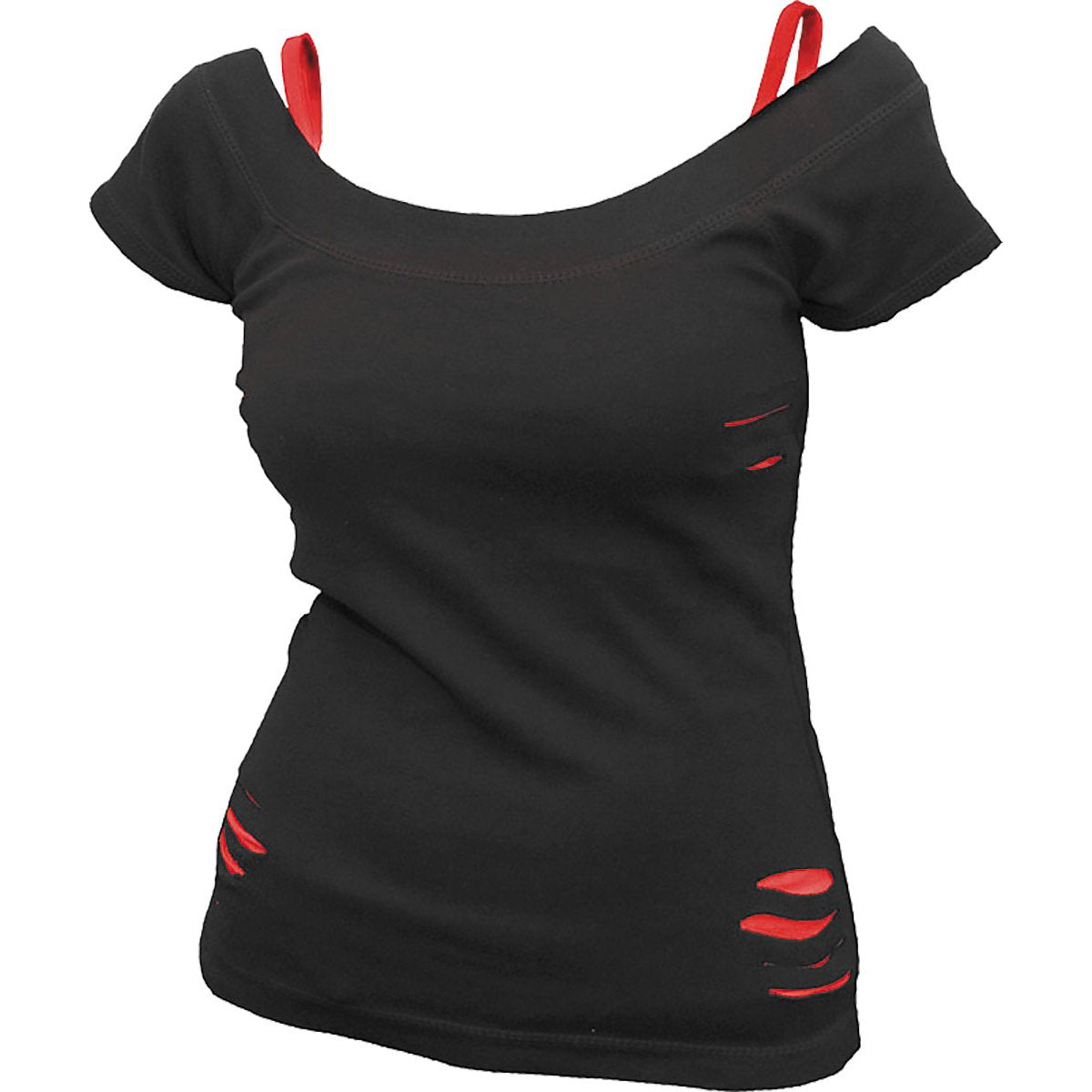 URBAN FASHION - 2in1 Red Ripped Top Black - Spiral USA