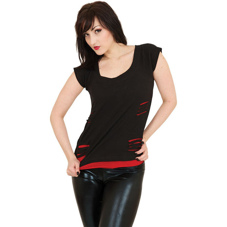 URBAN FASHION - 2in1 Red Ripped Top Black