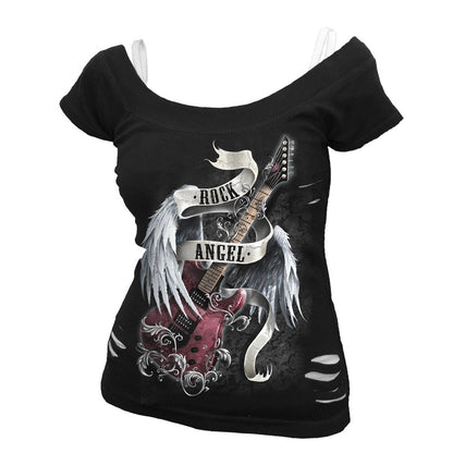 ROCK ANGEL - 2in1 White Ripped Top Black - Spiral USA