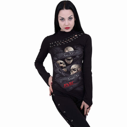 SEE NO EVIL - Slant Lace Up Longsleeve Top - Spiral USA